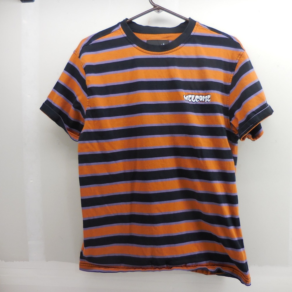 Welcome Skateboards Striped T-Shirt Mens Medium Orange Purple Black Logo Tee